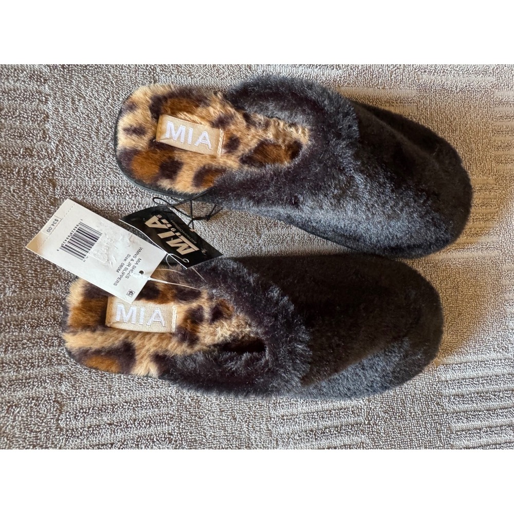 MIA Womens Black Faux Fur Leopard Print Scuff Slippers Size 8 M New NWT slip on